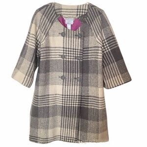 JH Collectibles Gray Cream Plaid Wool Blend Swing Coat Large Modern Classic